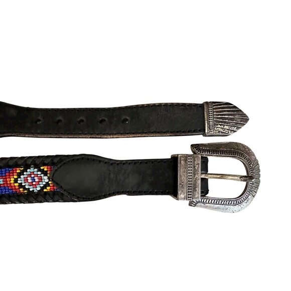 VTG Hand Beaded Leather Belt Silver Buckle 1991 Womens Size 30 Southwest Black - Picture 5 of 9
